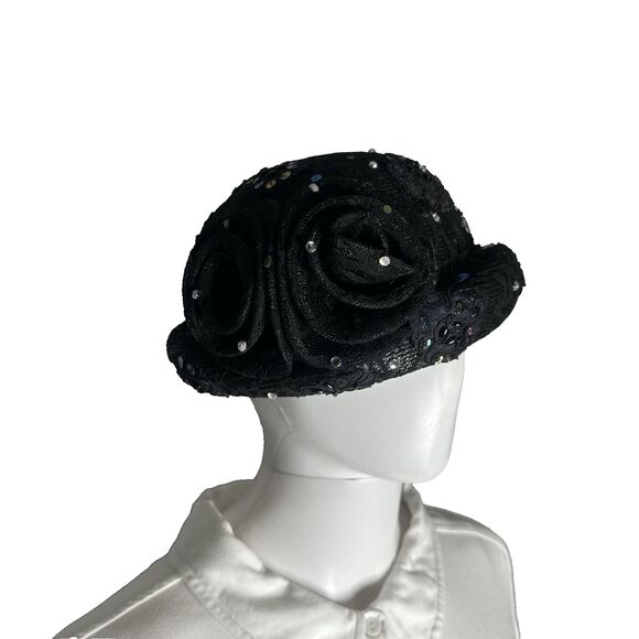 Vintage Mr. Hi\'s Classic Cloche Hat Womens Black Sequin Rhinestone Church Lady